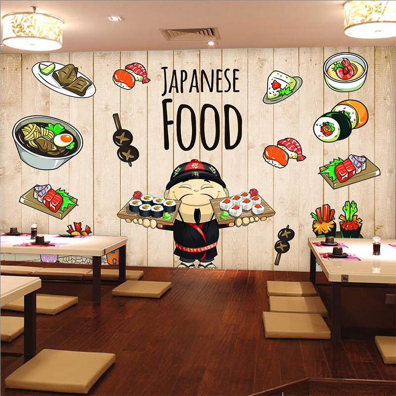 日本卡通美食料理壁纸日式餐厅寿司店壁画拉面店铺卡通背景墙墙纸