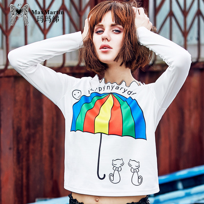 玛玛绨2017春装新款白色图案T恤女长袖欧美风