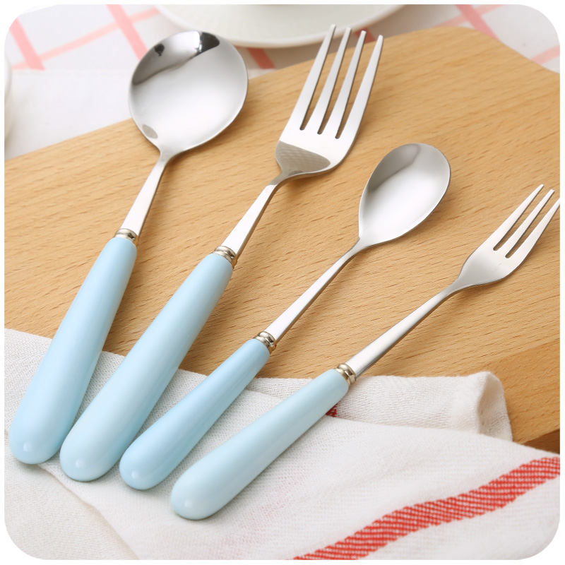创意可爱韩式学生不锈钢长柄小勺子叉子套装成人家用叉勺便携餐具