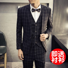 西服 正装 套装 三件套新郎休闲婚礼礼服夏季结婚格子男士 男修身 西装