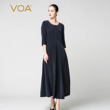 VOA真丝连衣裙 重磅丝绸欧版长袖女裙大码收腰修身显瘦桑蚕丝长裙商品大图