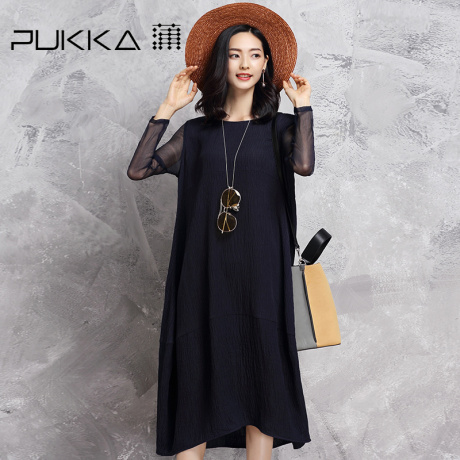 Pukka/蒲牌春装新款原创设计大码女装肌理棉麻拼接真丝连衣裙商品大图