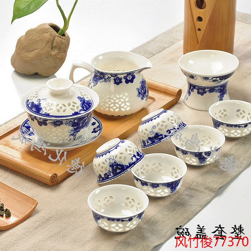 陶瓷盖碗茶杯整套功夫茶具红绿茶普洱茶青花牡丹镂空水晶玲珑茶具