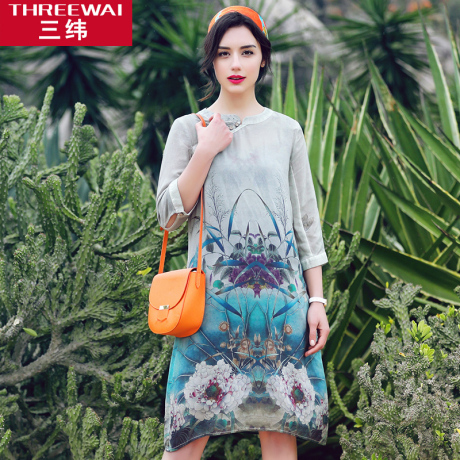 三纬2017秋波西米亚度假真丝连衣裙印花宽松圆领七分袖中长裙商品大图