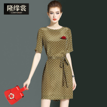 隆缘裳夏季新品时尚波点短袖女装系带收腰真丝印花连衣裙3895图片