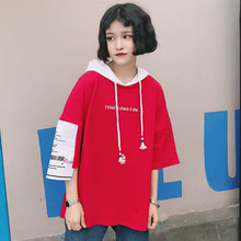 子拼接贴布半袖 t恤卫衣女 春夏韩国ulzzang原宿BF风连帽字母印花袖