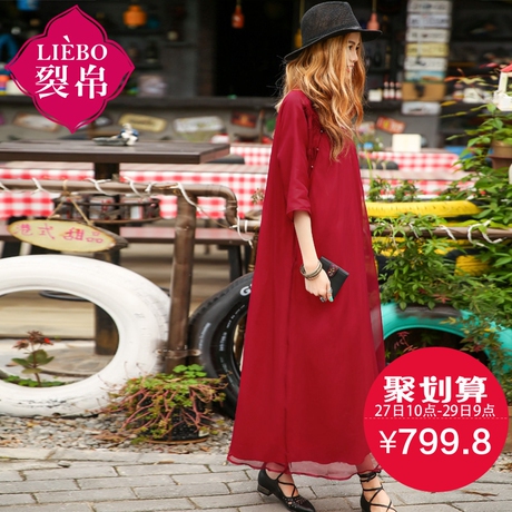 裂帛莲灿旗舰店正品牌女装高端夏装立领斜襟中袖刺绣真丝连衣裙子商品大图