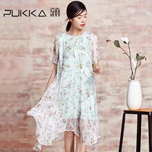 Pukka/蒲牌夏装新款原创女装桑蚕丝印花圆领短袖真丝连衣裙图片