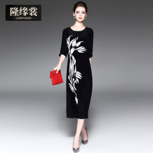 隆缘裳2017春装新款女通勤简约时尚印花宽松中长款真丝连衣裙2002图片