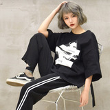 原宿风ulzzang中长款印花宽松短袖T恤夏装韩版中长款bf织带上衣女