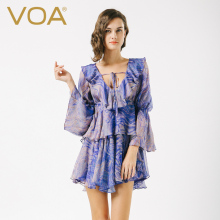 VOA九分水袖荷叶边低V领系带真丝连衣裙 高腰短款蛋糕裙SexyDress图片