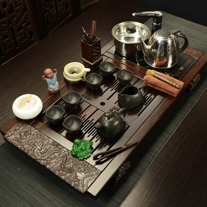 龙浔黑檀木茶具套装特价整套功夫茶具紫砂汝窑电磁炉花梨实木茶盘
