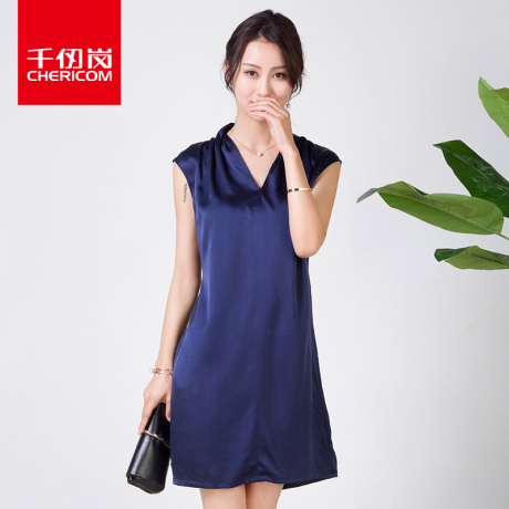 千仞岗2017夏装新品真丝连衣裙桑蚕丝中长款女装连衣裙S220025L商品大图