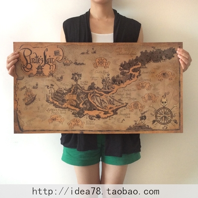 海盗巢穴地图 复古牛皮纸海报 藏宝图71*38cm