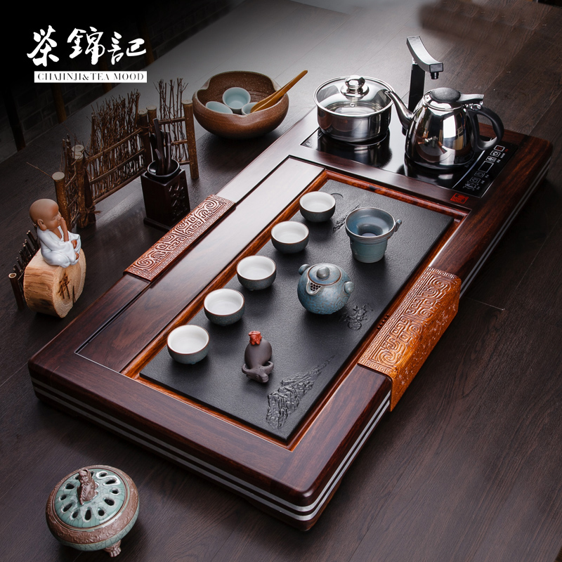 茶锦记黑檀木茶具电磁炉四合一电磁炉套装乌金石茶盘排水茶台茶海