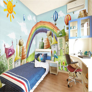 定制简约现代壁纸儿童房间卧室卡通电视背景墙纸彩虹桥小房子壁画