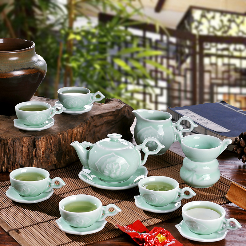 臻品景德镇制青瓷影青茶具套装隔热手柄茶杯整套陶瓷功夫茶具礼品