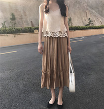 松紧高腰半身裙女两件套套装 韩系复古风性感蕾丝花边V领吊带背心