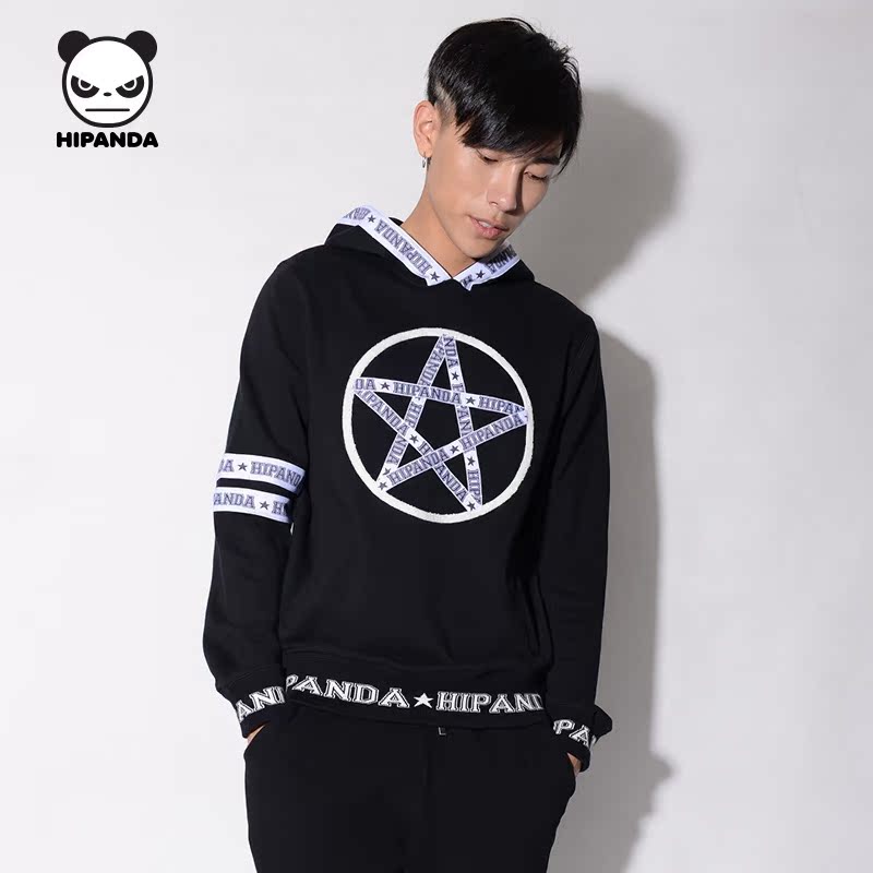 hipanda 你好熊猫 设计潮牌 男款 织带五角星连帽 卫衣 男 套头