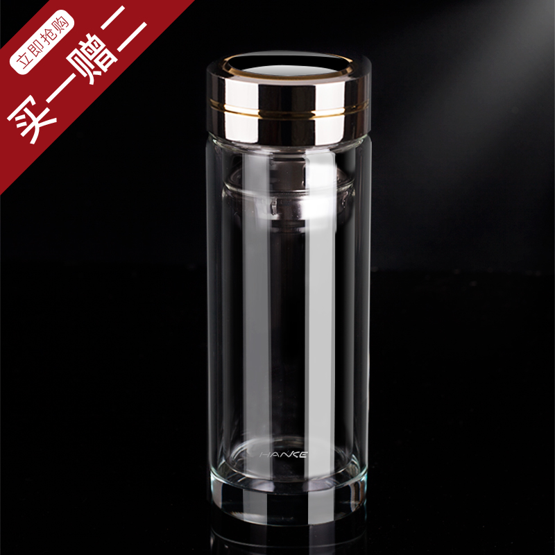 韩科耐热便携双层玻璃杯带盖过滤网隔热防烫泡茶杯水杯子家用口杯
