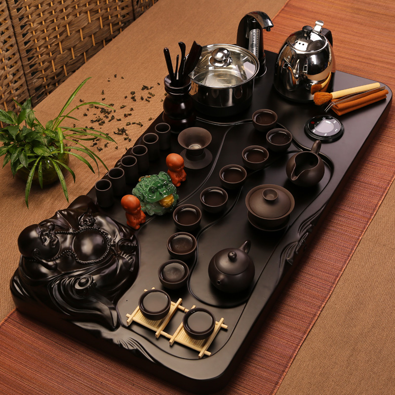 茶具套装陶瓷功夫茶具茶道茶海茶台实木制茶盘电磁炉立体雕弥勒佛