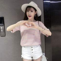 2017韩版夏季新款女装纯棉宽松条纹t恤女短袖百搭上衣打底衫