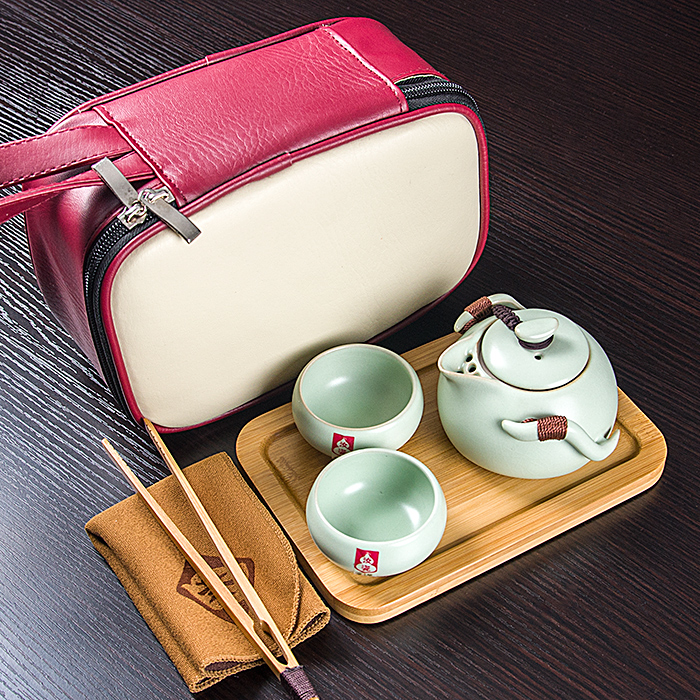 汝窑企鹅壶 快客杯 一壶两杯整套简易 旅行茶具 开片可养陶瓷套装