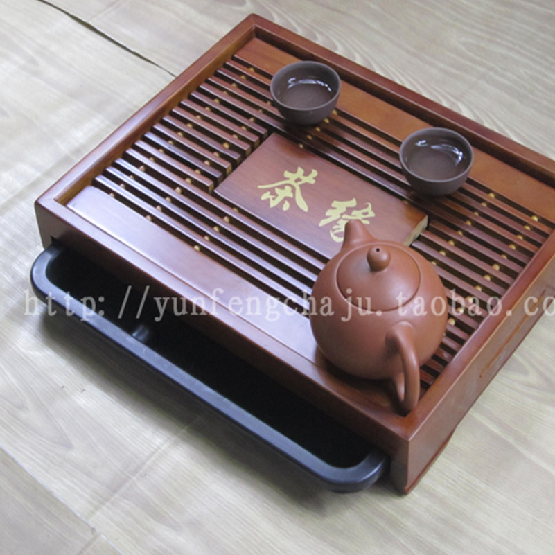 云丰茶具小茶盘实木抽屉式储排水茶托迷你功夫中式木茶具托盘特价