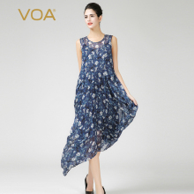 VOA 蓝底白花19姆米真丝雪纺丝绸小X型伞裙淑女青春连衣裙图片