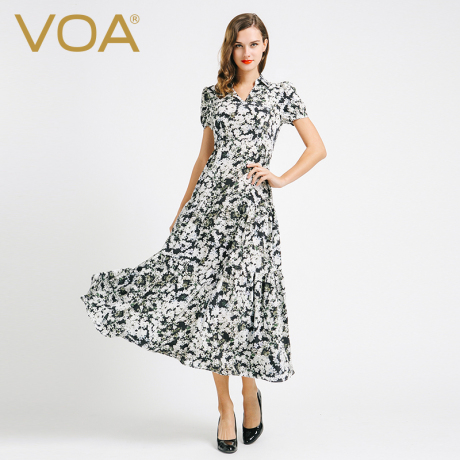 VOA短袖印花真丝连衣裙女欧美宽松显瘦半开领桑蚕丝大摆长裙A6686商品大图