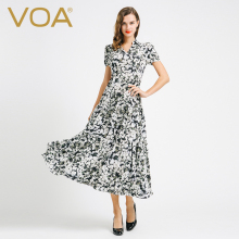 VOA短袖印花真丝连衣裙女欧美宽松显瘦半开领桑蚕丝大摆长裙A6686图片