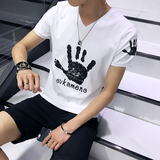 夏季男士纯色v领短袖t恤体恤白色修身打底衫夏季男装半袖衣服潮流