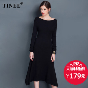 Tinee 2016秋冬装一字领露肩黑色针织连衣裙 