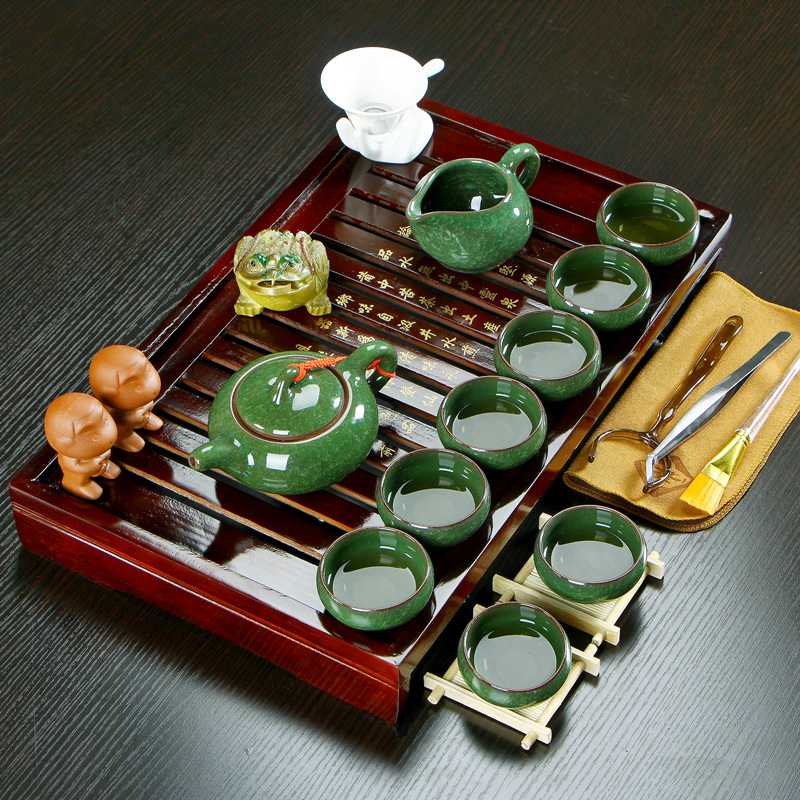 茶具套装特价家用 陶瓷冰裂紫砂功夫茶杯子整套 实木茶盘茶海茶道