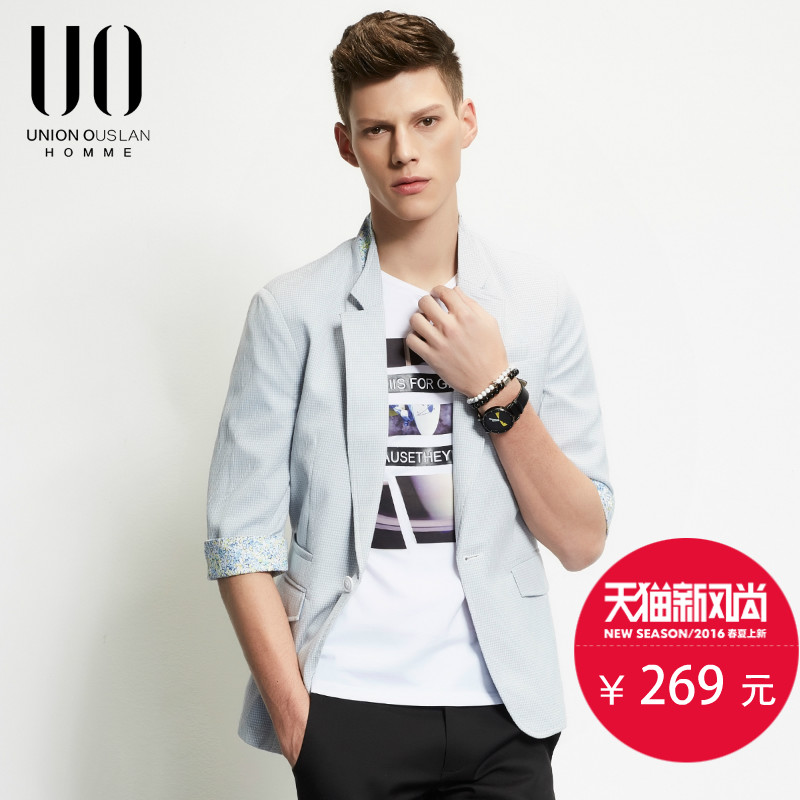 UO轻熟男装2016春装新款格子西服男 碎花卷边