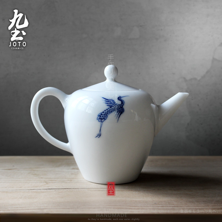 九土 祥鹤延年禪意 景德镇传统陶瓷 手绘青花瓷器 手抓茶壶 茶具