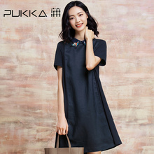 Pukka/蒲牌夏装新款原创设计大码女装翻领刺绣拼接棉麻连衣裙图片
