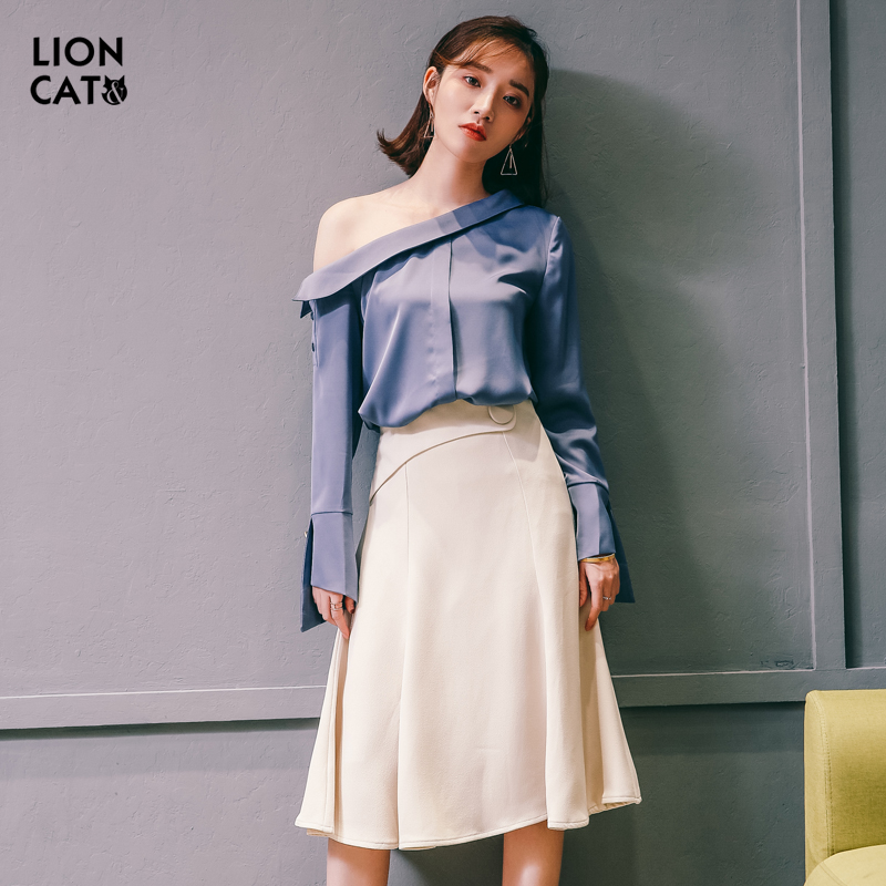 lion&cat春季新款女装衬衫长袖斜领漏肩性感时尚百搭喇叭袖上衣
