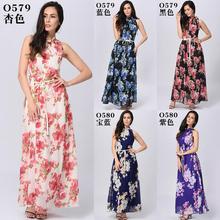 波西米亚挂脖雪纺碎花连衣裙印花大摆长裙 summer long dress