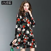 ZX卓芯2017新品春夏装真丝印花连衣裙桑蚕丝复古a型裙女气质3845图片