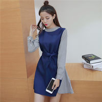 秋装新款韩版条纹拼接假两件A字显瘦裙气质百