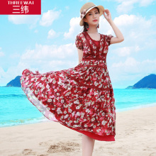 三纬2019夏季新款度假风波西米亚桑蚕丝印花小碎花大摆真丝连衣裙图片