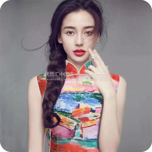 angelababy 旗袍连衣裙 杨颖同款油画夕阳印花蚕丝无袖旗袍