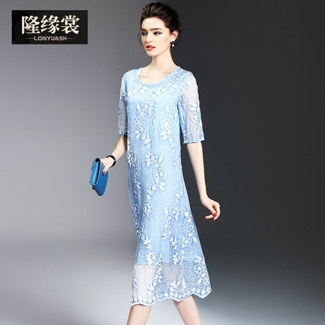 隆缘裳2017春装新款女复古圆领印花中长裙气质修身真丝连衣裙1557商品大图