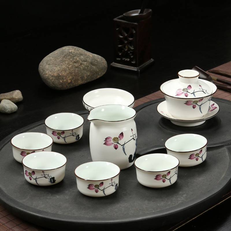 包邮定窑亚光青花茶具套装陶瓷功夫茶具整套盖碗广告礼品logo定制