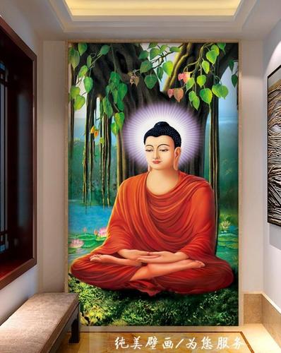 如来佛祖打坐玄关背景墙菩提树走廊门厅过道墙纸壁画佛教壁纸