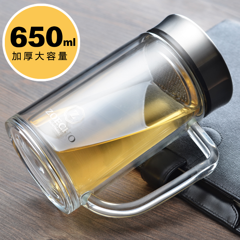 玻璃水杯大容量双层玻璃杯带把手杯家用过滤茶杯有盖口杯喝茶杯子