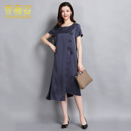 香薇姿2017新夏季100%重磅真丝连衣裙大码宽松桑蚕丝中老年妈妈装商品大图
