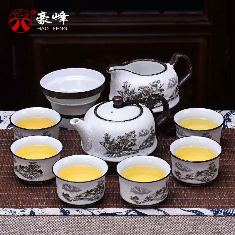 豪峰 整套雪花釉玉瓷白瓷玲珑骨瓷功夫茶具套装10件套