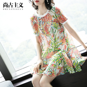 尚古主义2017夏季新款女装时尚气质印花短袖宽松荷叶边真丝连衣裙女装